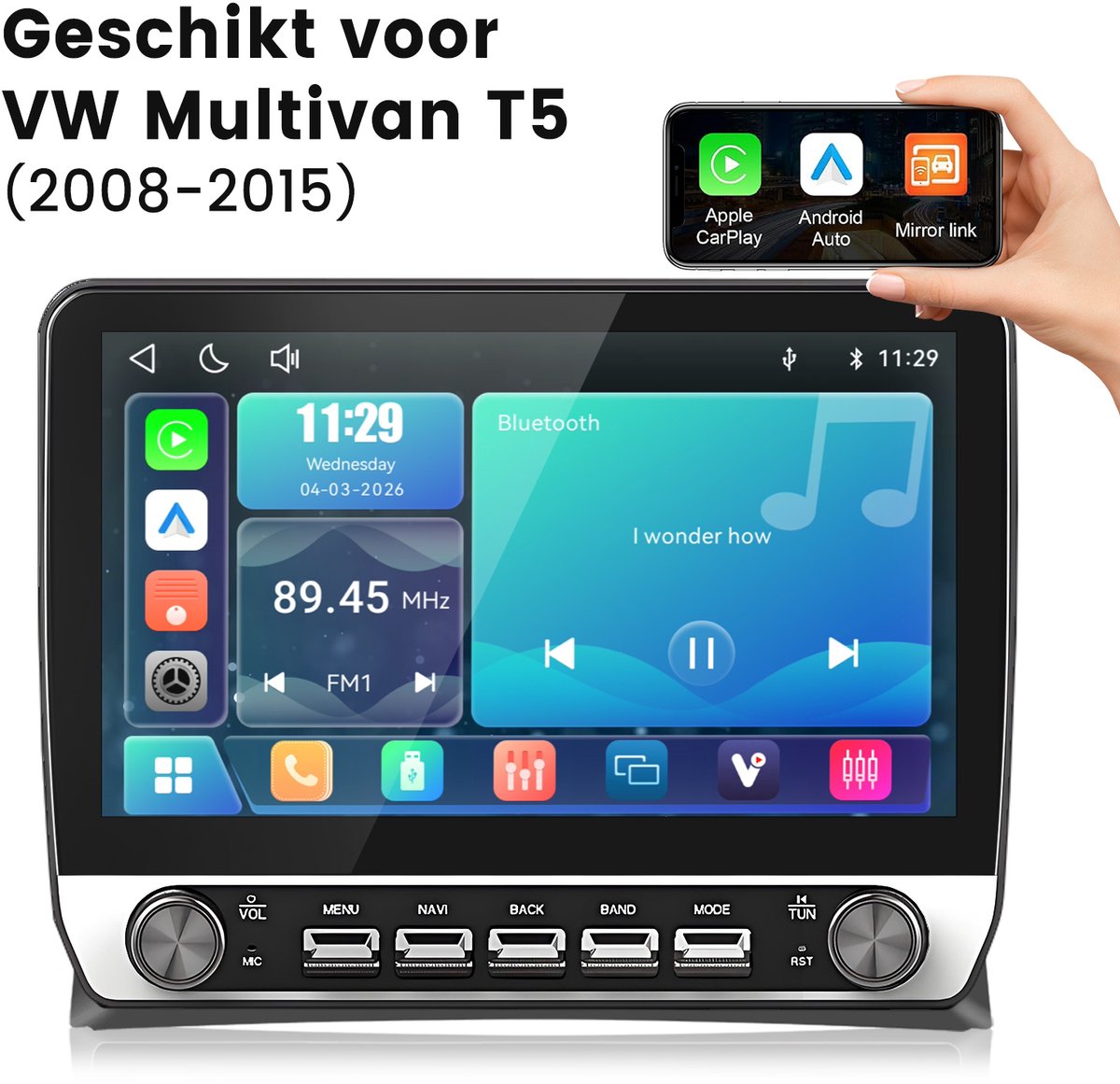 Junsun Linux Draadloos Carplay & Andriod Auto Autoradio Geschikt voor VW T5 Multivan Transporter 2008-2015 - 10.1 Inch HD TouchScreen - Bluetooth - Navigatie- WiFi - FM - RDS - Stuurwielbediening