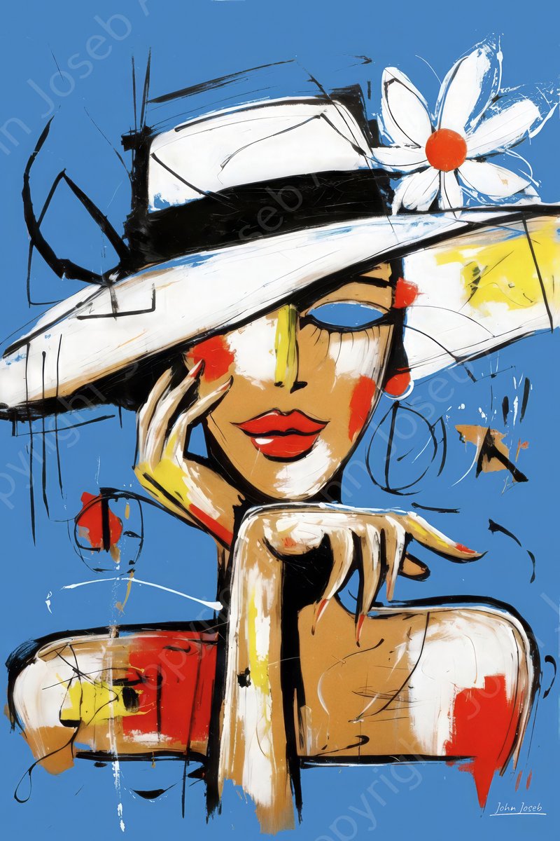 John Joseb Art (Glas) 120x80 | Vrouw met hoed en bloem, abstract in Herman Brood stijl, portret. kunst, mens, bruin, rood, blauw, wit, modern | Foto-schilderij-glasschilderij-acrylglas-acrylaat-wanddecoratie