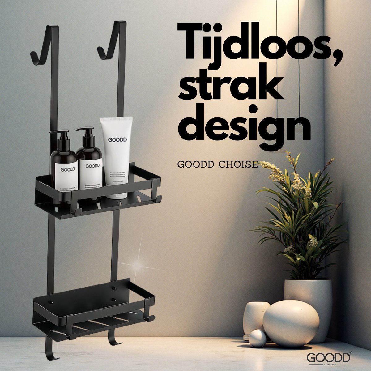 GOODD® - Doucherekjes - Doucherek - Anti kras - Twee laags - Hangend - 4 extra haakjes - Zwart