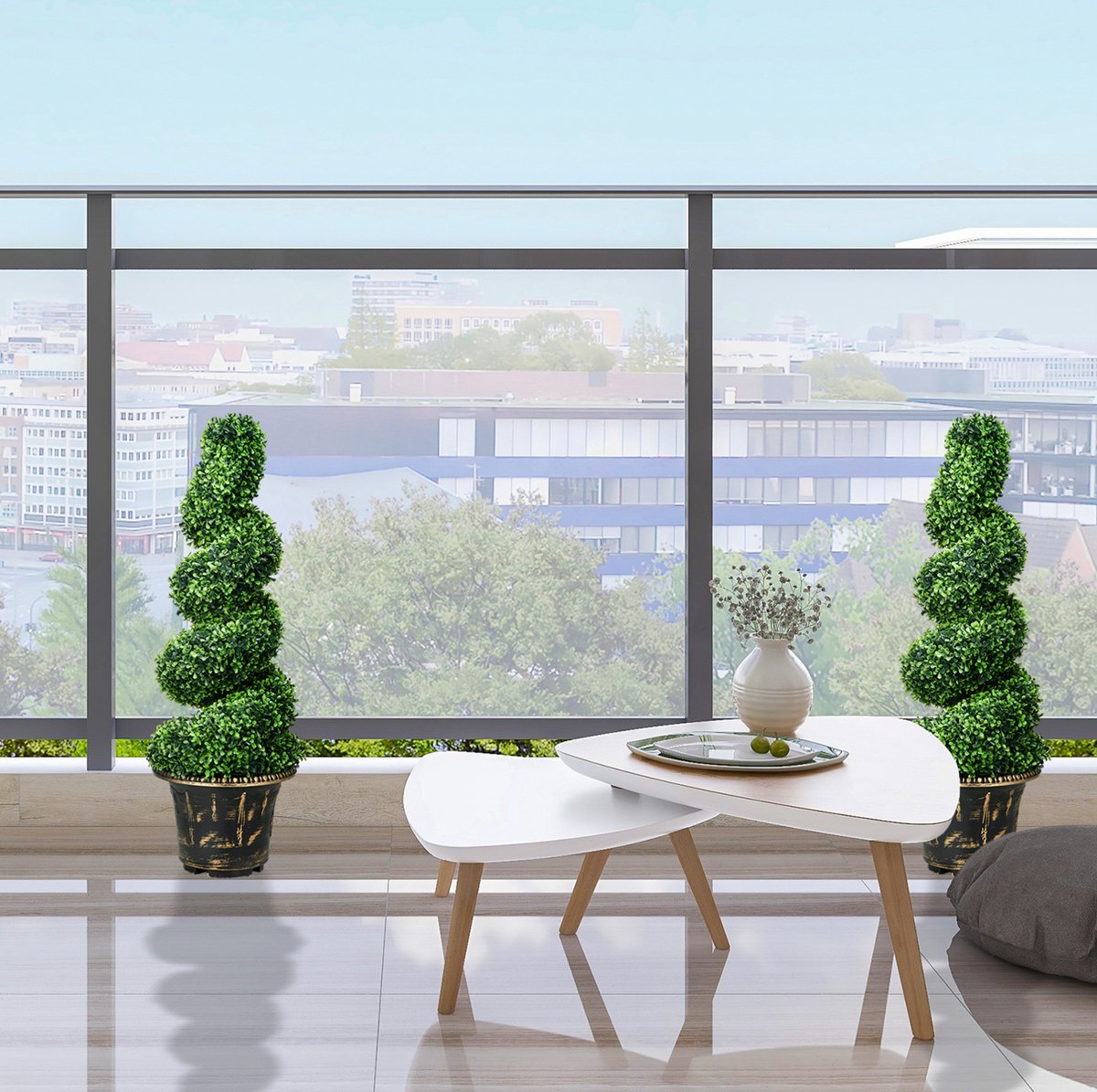 Kunstplant Buxus – Set van 2 – 90 cm Hoog – Groen – Voor Binnen en Buiten – Met Bloempot – Spiraalvorm