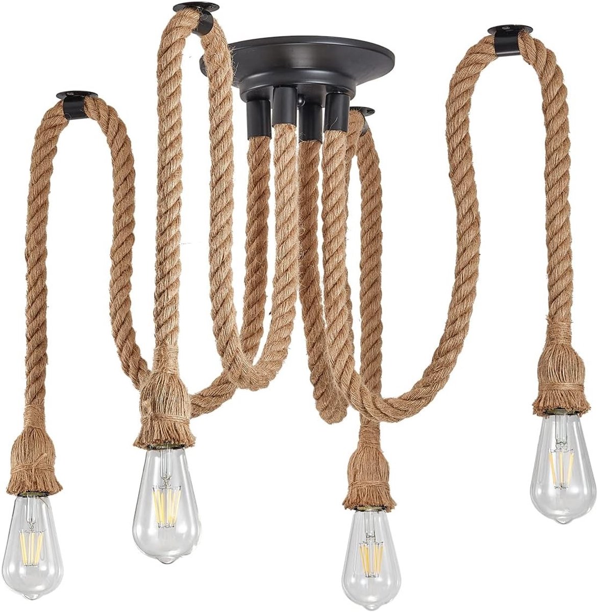 Hanglamp - Bruin - 120 cm - Henneptouw met 4 E27-fittingen - Voor Woonkamers en Restaurants