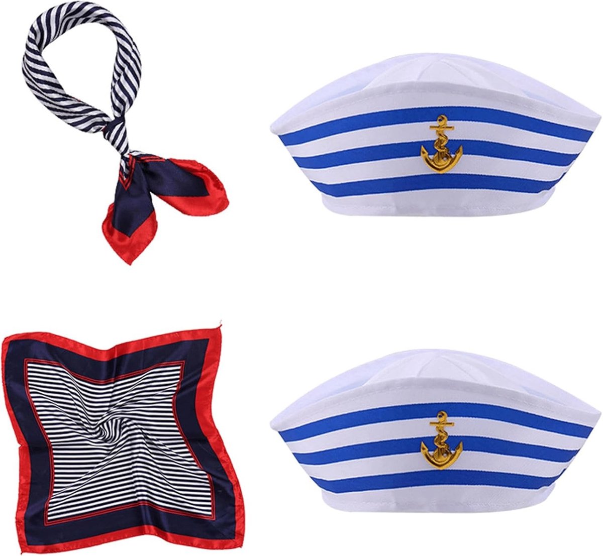 4-delige Gestreepte Matrozenhoed en Sjaal Set, Kostuumaccessoires voor Nautische Thema's, Perfect voor Feestjes en Verkleedpartijen
