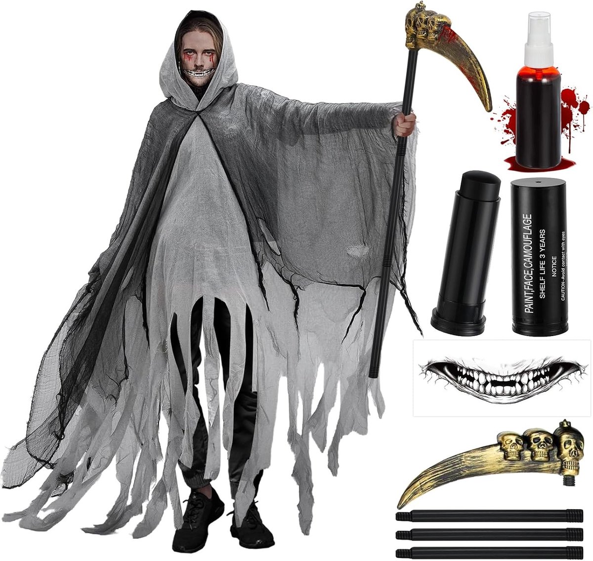 Grijze Halloween Cape voor Cosplay met Kap - Spookachtige Tearing Cape voor Tovernaar en Fantasie Kostuum