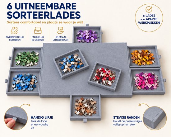Grijze puzzelmat met 6 uittrekbare sorteerlades, gevuld met gekleurde puzzelstukjes.
