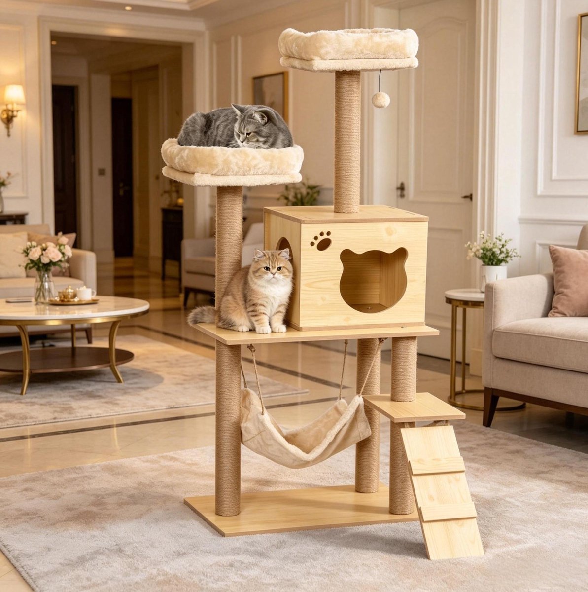 Kattenboom Krabpaal – 60 x 40 x 130 cm – Sisal en Pluche – Beige en Bruin – Kattenhuis en Hangmat