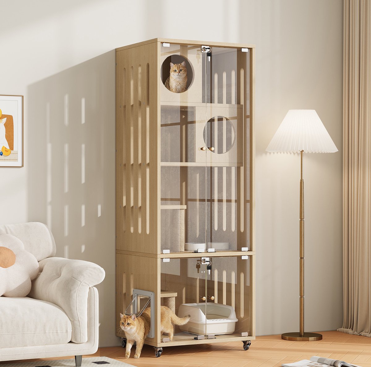 Kattengehege – Meerlaags Met Wieltjes – 60 x 50 x 156 cm – MDF en Glas – Natur Houtkleur – Voor Binnen