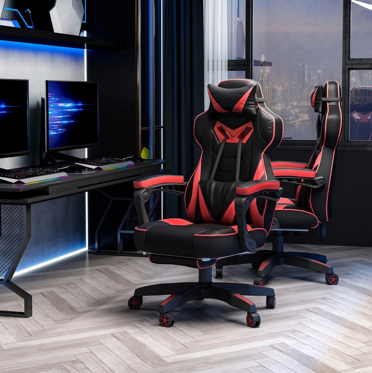 MODFU - Gamingstoel - Massagefunctie - 170 Graden Kantelbaar - Kunstleer - Zwart Rood