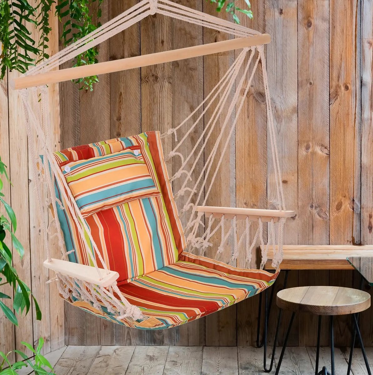 MODFU - Hangstoel Met Kussen - Bloemenpatroon - Binnen En Buiten - Hout - Multicolor