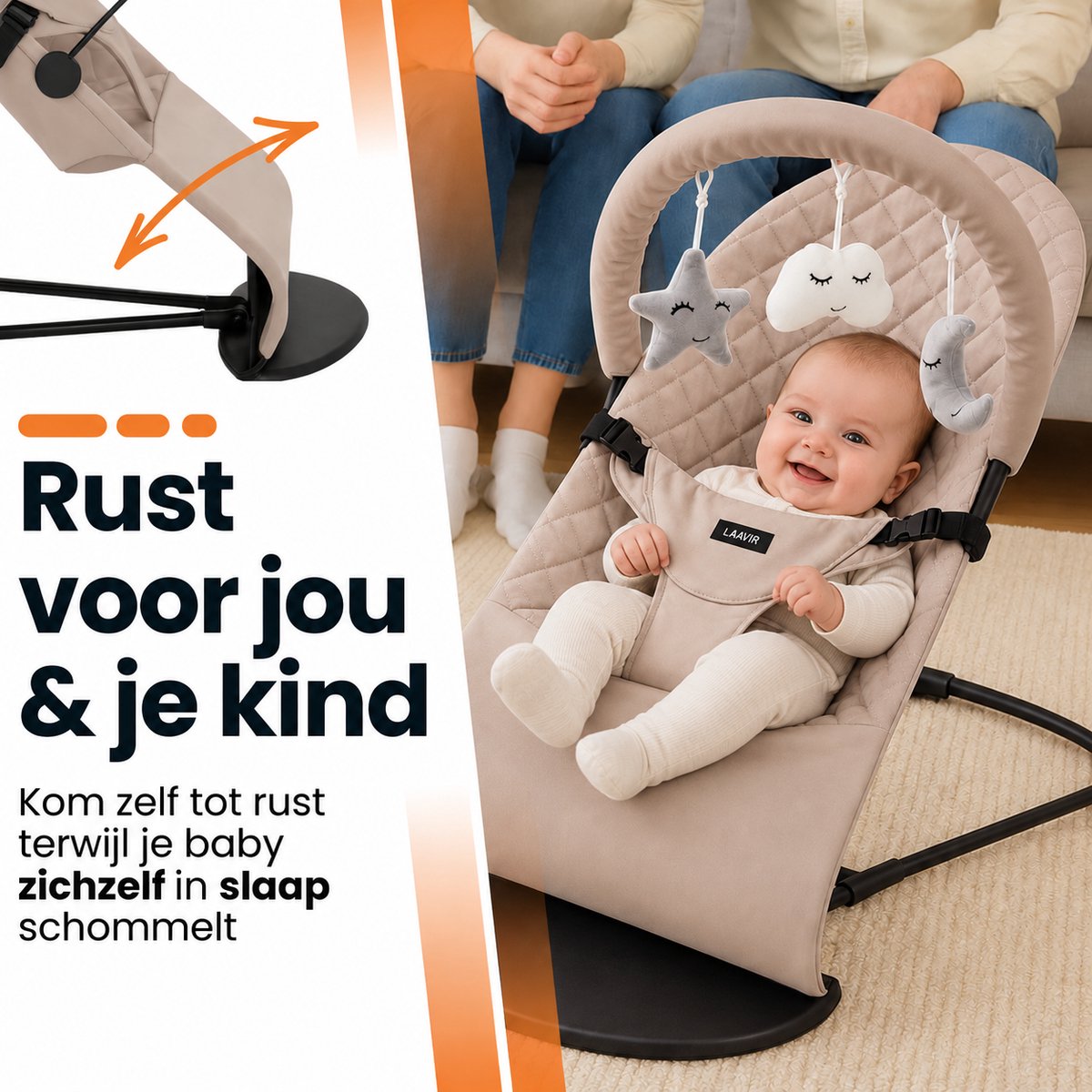 Laavir® Baby Wipstoel Beige | Extra Compact Opvouwbaar | Verstelbare Rugleuning | Inclusief Speelboog met Speeltjes | Inklapbaar & Draagbaar | Veiligheidsgordel | Vanaf 0 Maanden – foto 2