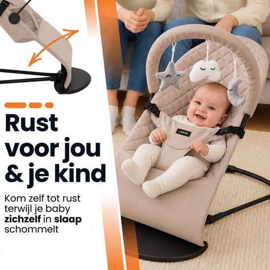 Laavir® Baby Wipstoel Beige - Extra Compact Opvouwbaar - Verstelbare Rugleuning - Inclusief Speelboog met Speeltjes - Inklapbaar & Draagbaar - Veiligheidsgordel - Vanaf 0 Maanden van Laavir — afbeelding 2