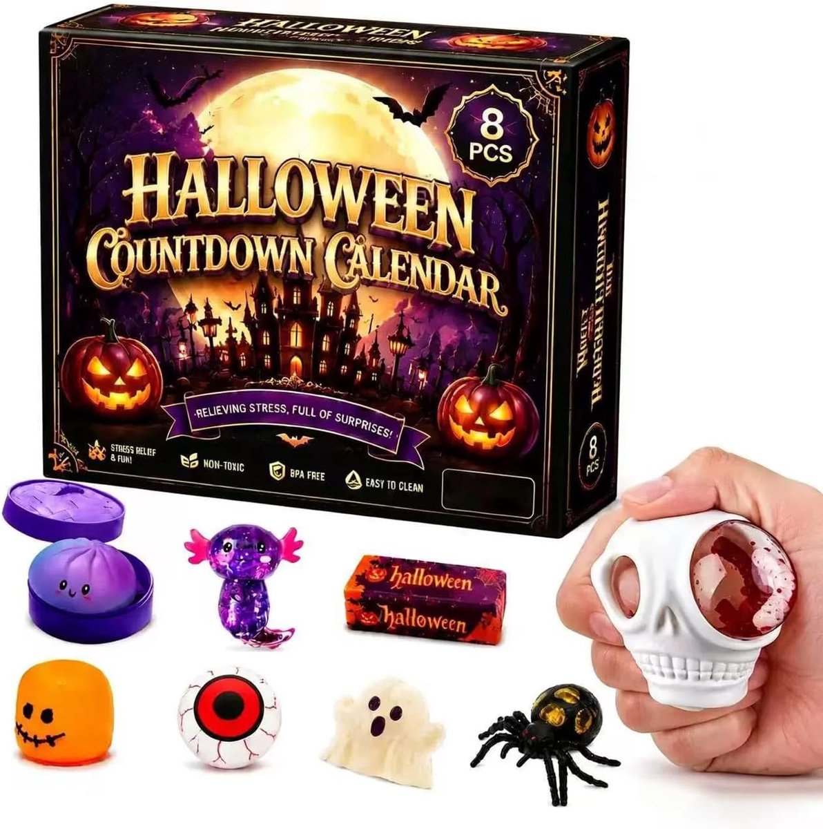 KZQ Halloween-thema verrassingsdozen - Halloween advent verrassingsdozen - Knijpbare verrassingsdozen - Bevat 8 stressverlichtende speeltjes - Halloween decoraties - Feestcadeaus