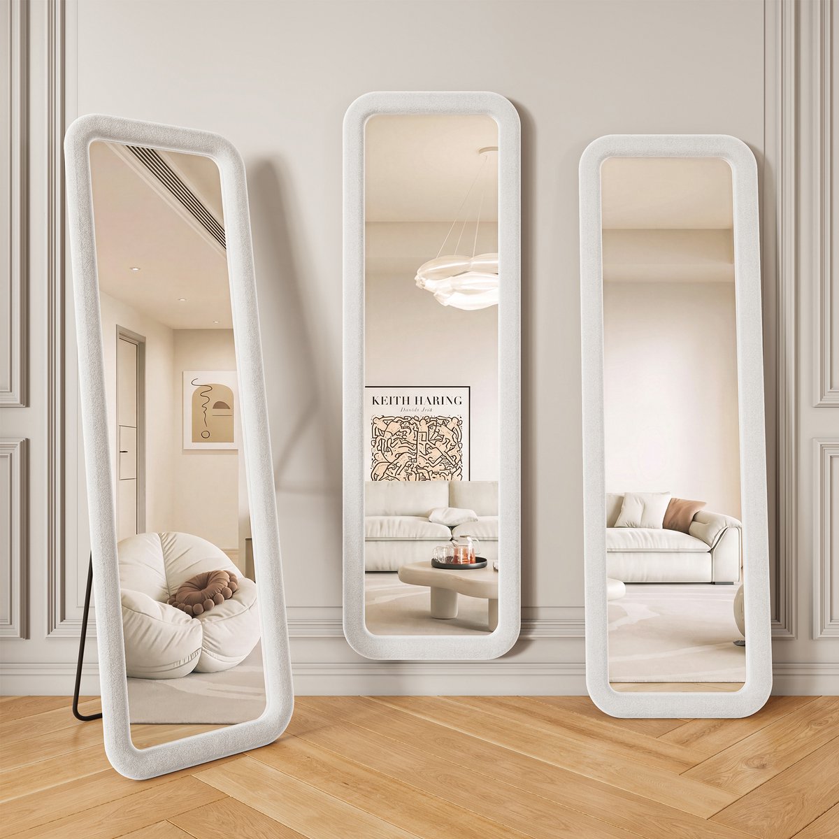 ROSAHQNDA Rechthoekige wandspiegel 160x50 cm - Grote passpiegel met wit fluwelen frame, zachte rand en gehard glas voor slaapkamer, kleedkamer en hal Wit-Rechthoekige