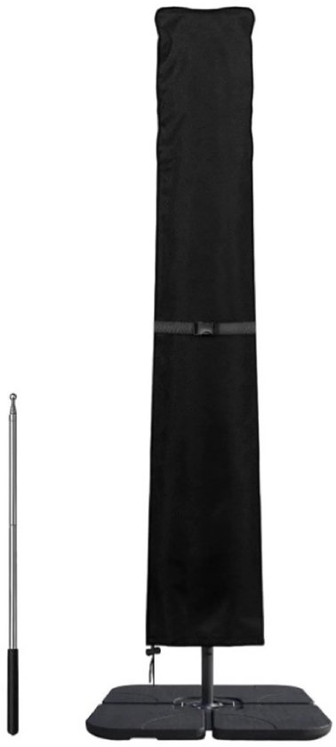Housse de parasol noire sur un support avec une perche télescopique à côté.
