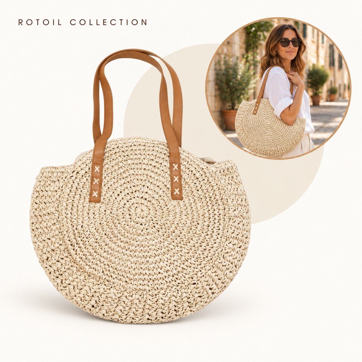 Rotoil Collection - Grote Strandtas Dames – Gevlochten Halvemaan Shopper met Ritssluiting en Binnenvak – Rieten Look Zomertas – 44 x 41 cm – Beige