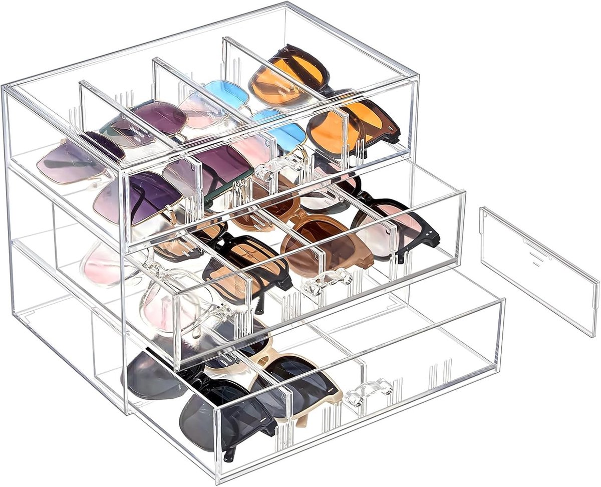Transparante Zonnebril Organizer met Lade, Opbergdoos voor Zonnebrillen met Verwijderbare Scheidingswanden - Ideaal voor Meerdere Zonnebrillen en Optische Brillen, 3 Laags Design