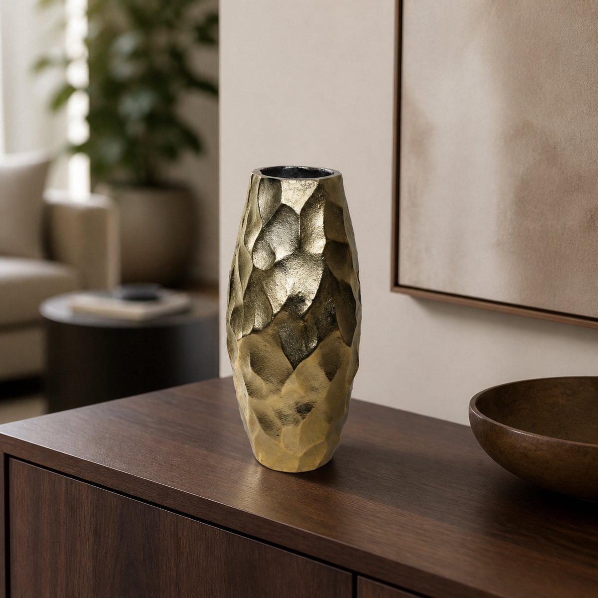 Hoppa! Vaas - Slanke Metalen met Reliëf - Goud - 14 x 14 x 30 (B x D x H)