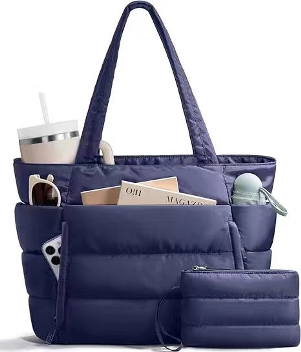 Gewatteerde tote tas voor vrouwen - grote capaciteit werk tas, pluizige wolken schoudertas, sport‑en fitness handtas, past voor 15,15 inch laptop met binnenvakken-Marineblauw