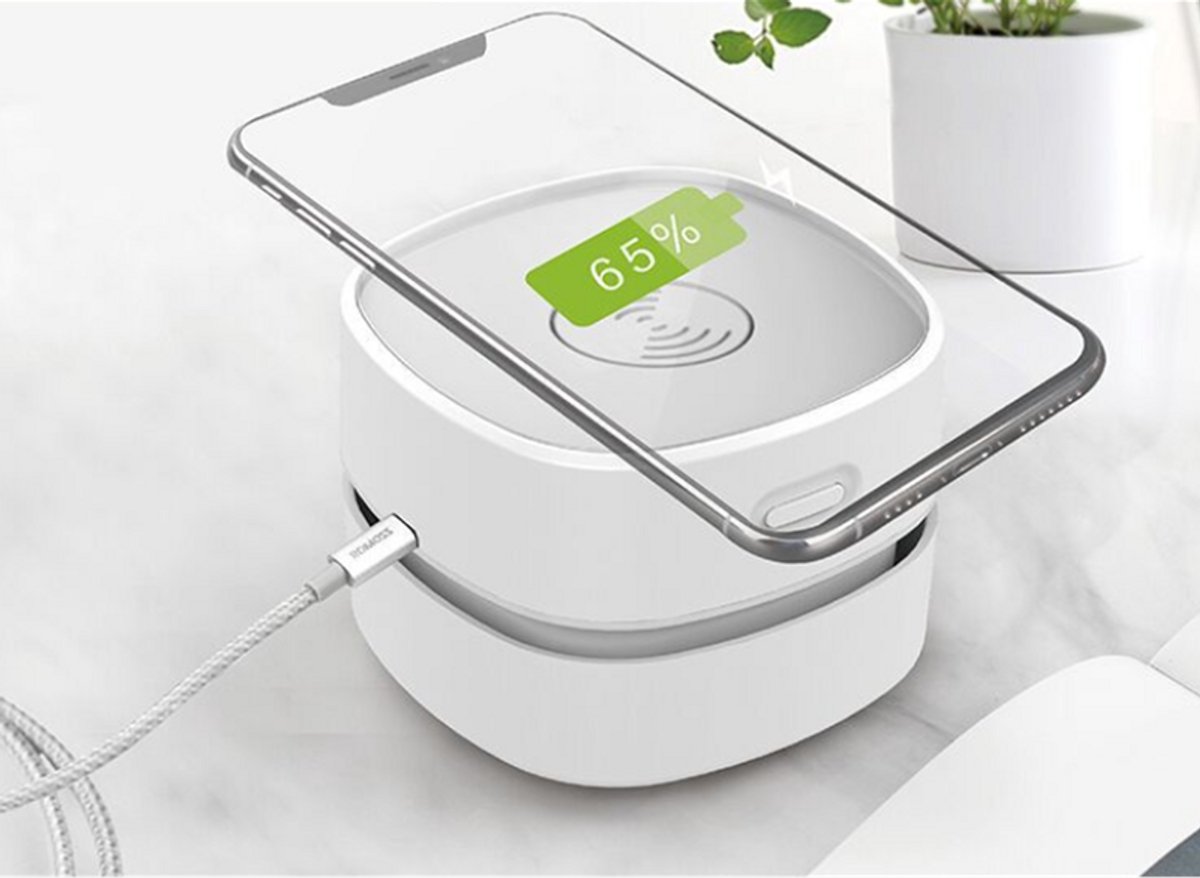 Bureau Stofzuiger - Mini Stofzuiger - Tafelstofzuiger - Kruimeldief - Draadloze Oplader - 2 in 1 - USB Oplaadbaar - Draagbare Stofzuiger - Bureau Accessoires - Gadget - Toetsenbord Reiniger - Compact - Telefoonoplader - Wit - 1 Stuk