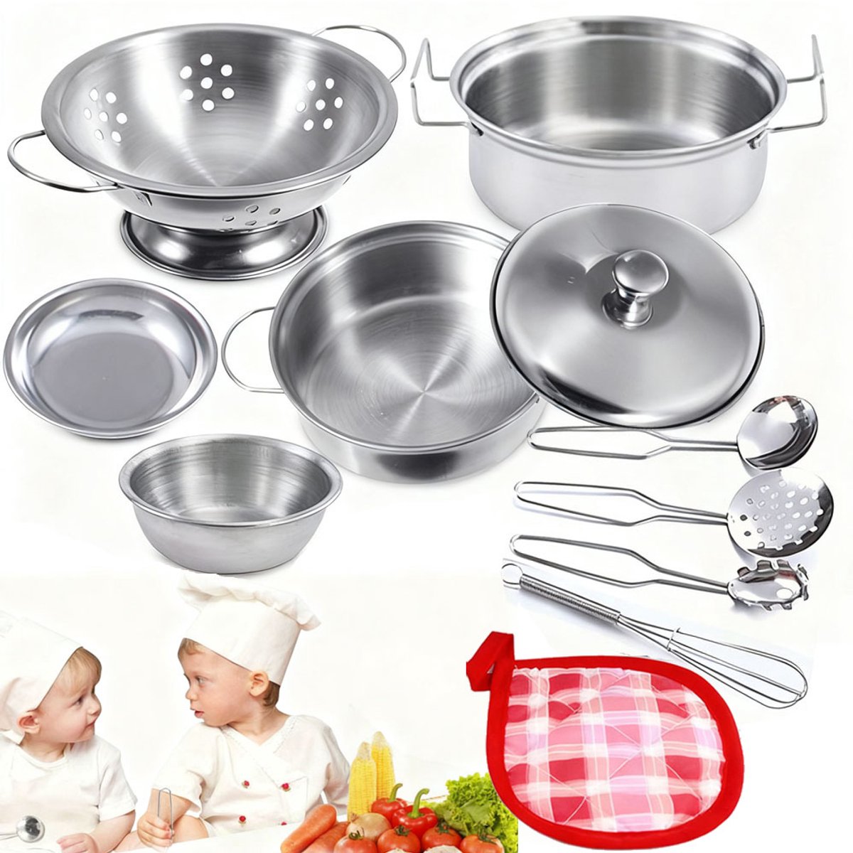 Keuken Speelgoed Set - Mini Keuken Food Kook Accessoires - RVS Doen-alsof Kookgerei Kookset - Montessori Keuken Speelgoed - Pannenset voor Kinderen - 11 Stuks