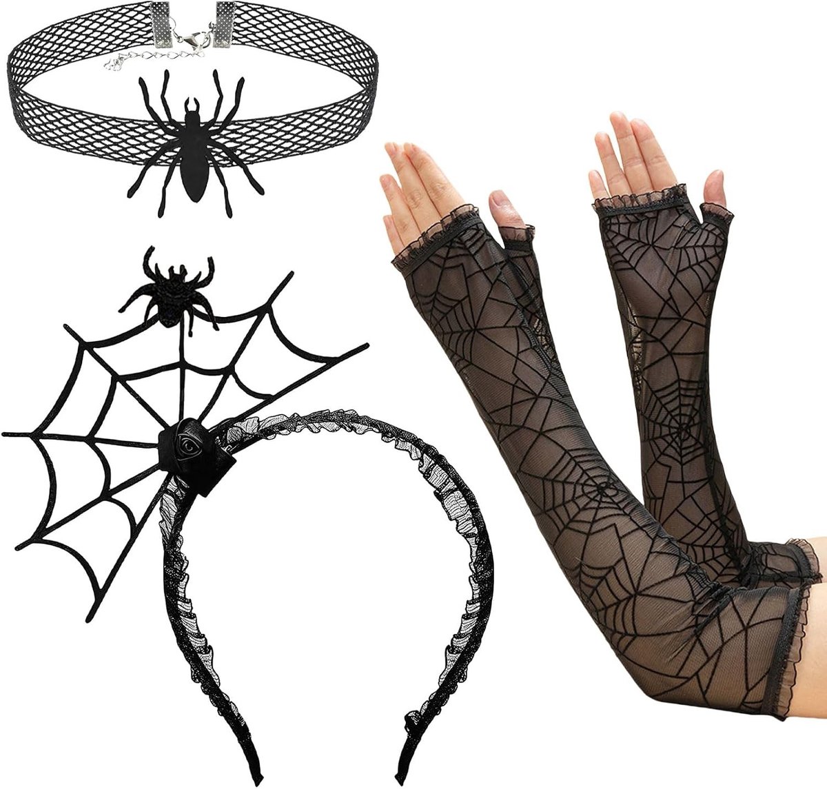 Set van 3 Spin Web Haarbanden voor Vrouwen met Halloween Kettingen en Handschoenen voor Cosplay en Feestjes