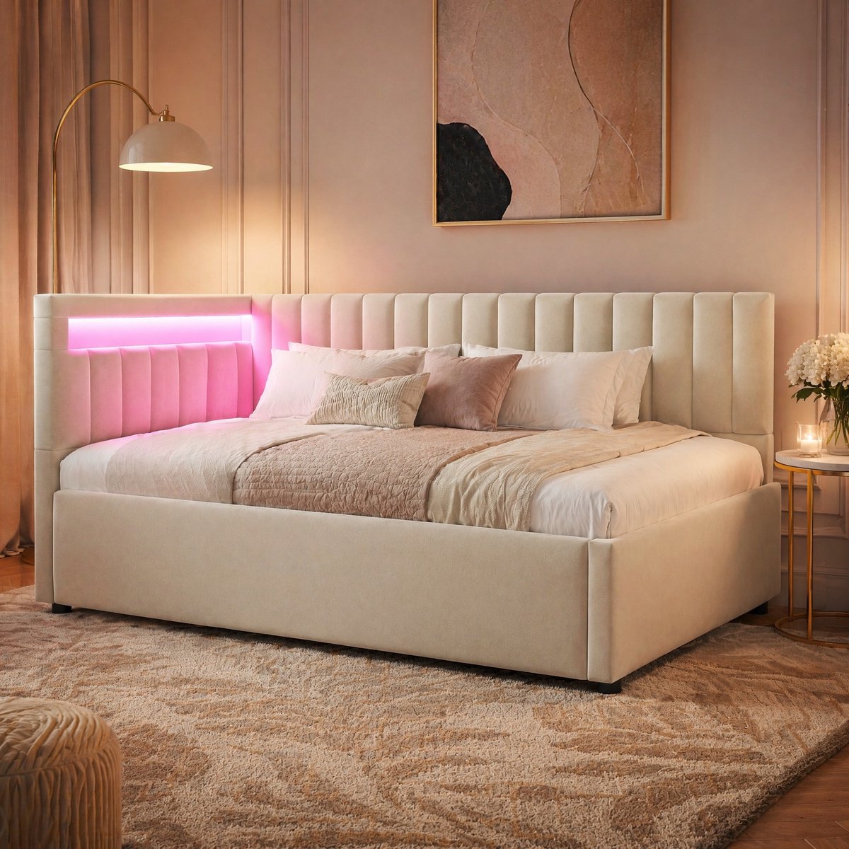 COVREO Slaapbankbed met LED-hoofdbord – 90x200 cm – Eenpersoonsbed met opbergruimte – voor compacte kamers – Beige - zonder matras