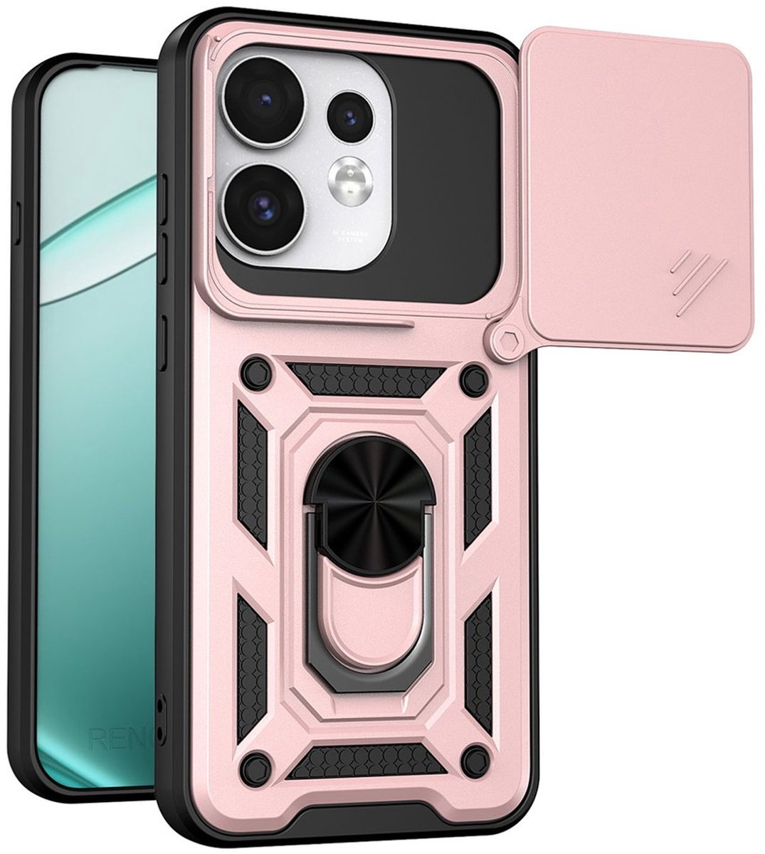 MobyDefend Hoesje - Geschikt voor Oppo Reno16 / 16 Pro - Pantsercase Met Draaibare Ring - Rosé