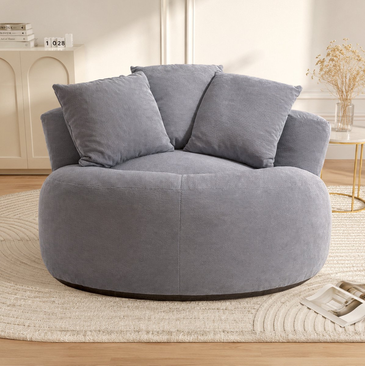 Oversized Round Bean Bag Chair, Grijze Corduroy Deep Seat Circle Single Cloud Lounge Floor Sofa Chair voor Woonkamer, Slaapkamer en Appartement