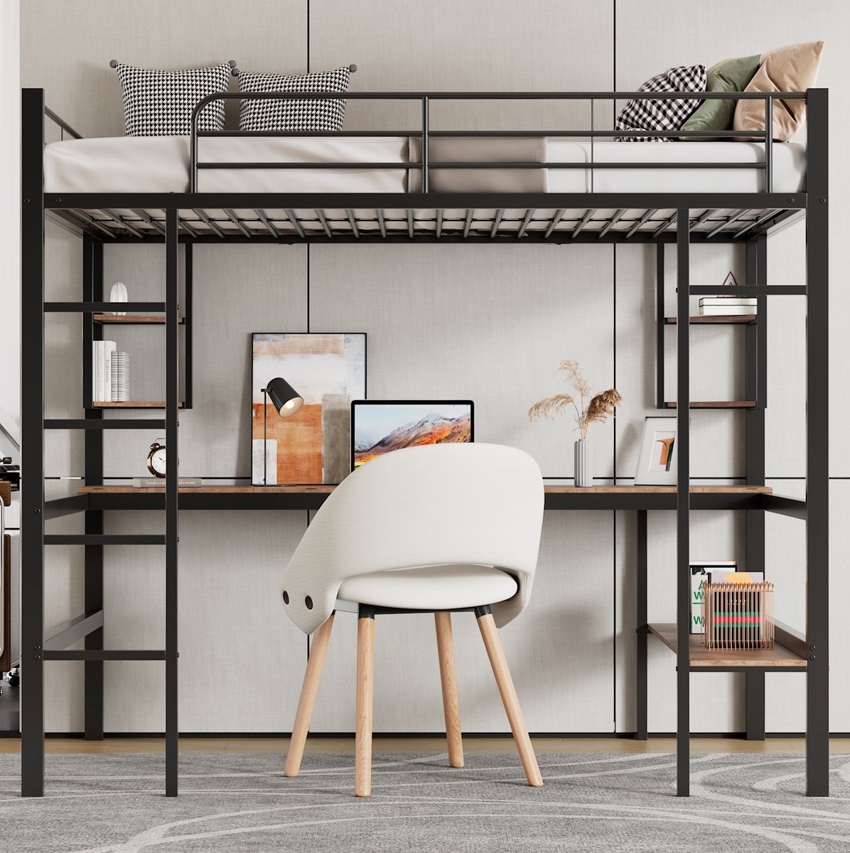 COVREO Hoogslaper 90x200cm met Bureau - Stapelbed Metaalbett Zwart