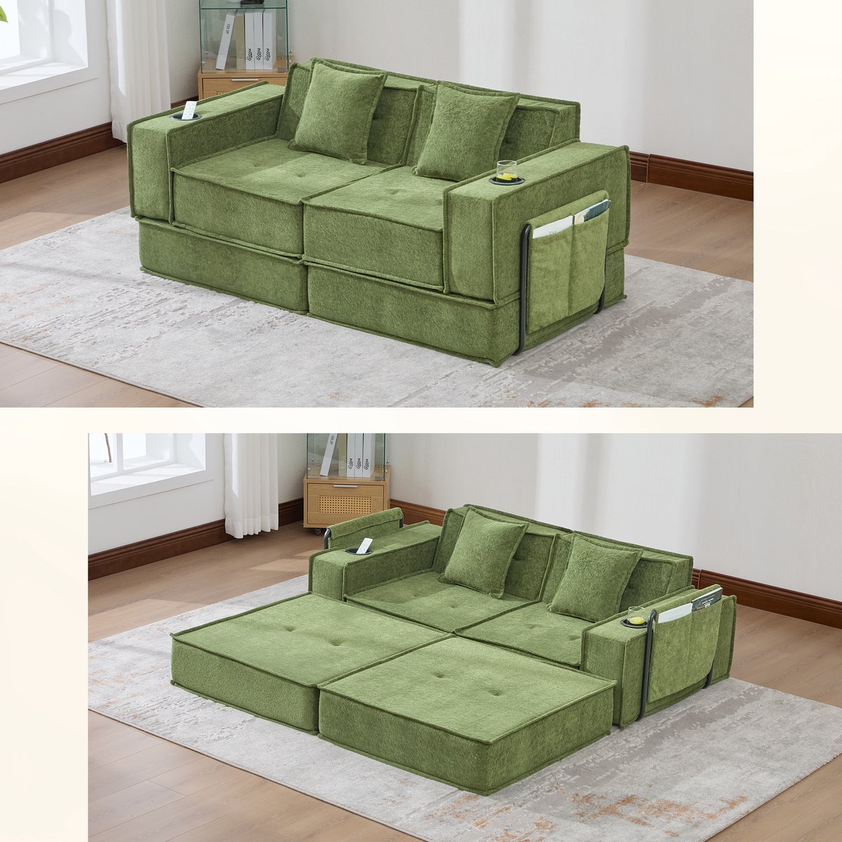 Moderne tweezits zitslaapbank met voetenbank - Wordt tweepersoonsbed - Zijopbergruimte - Bekerhouders - Comfortabele stoffen bekleding - Met twee kussens