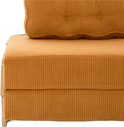 Gedetailleerde close-up van de oranje corduroy stof van een slaapfauteuil.