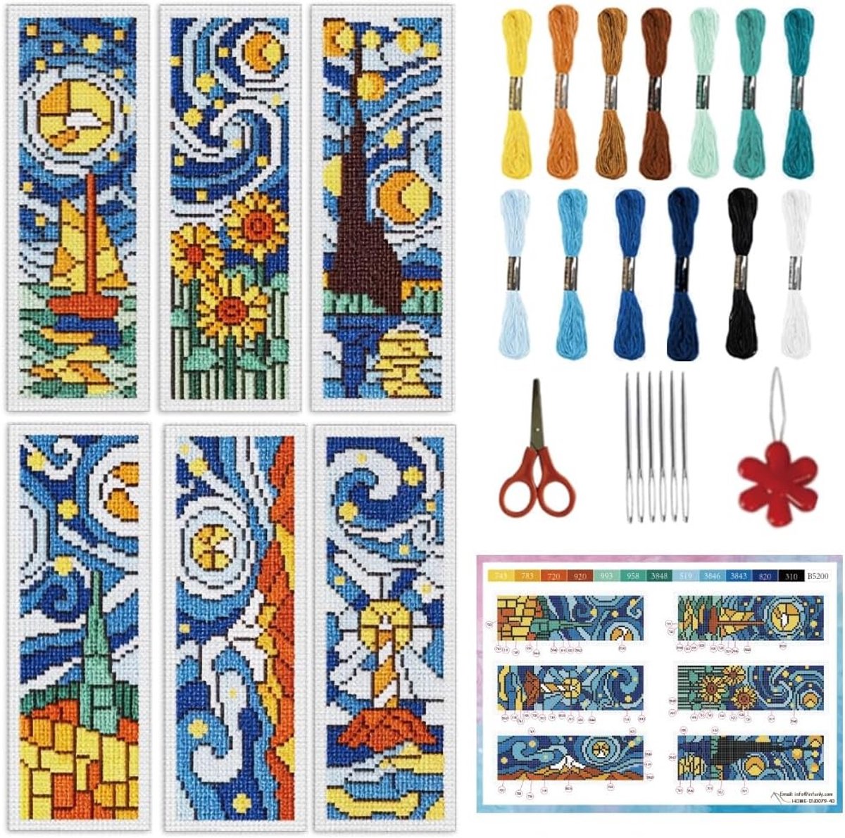 6 Pack Van Gogh Sterrennacht Borduur Bookmark Kit - DIY Borduurset met 13 Kleuren, Voor Volwassenen en Boekclubs, Creatieve Ambachten, 3x8.5 Inch