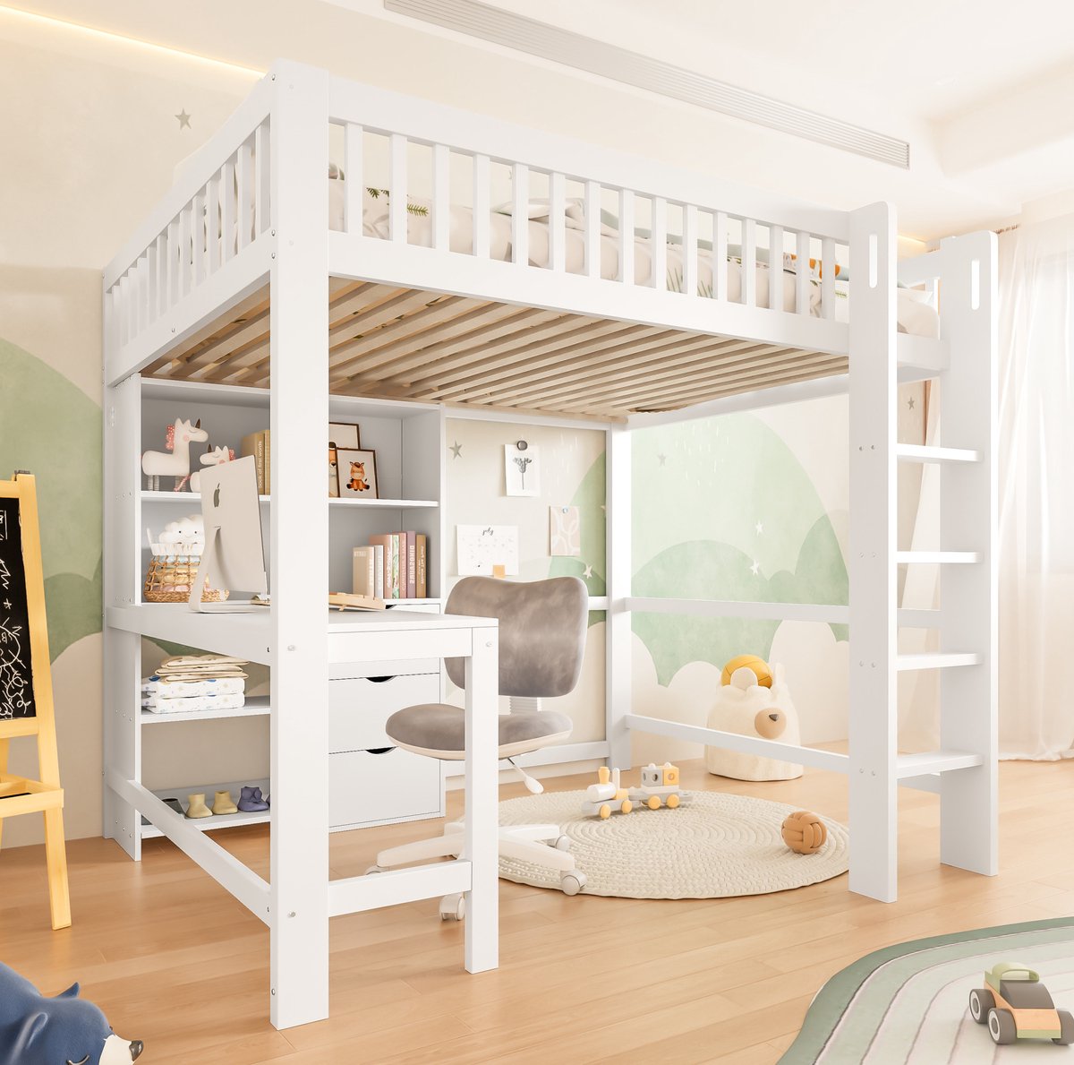 COVREO Hoogslaper met bureau en ladder – 140x200 cm – Kinderbed met 3 lades – Slaapplek voor kinderkamer – Wit - zonder matras