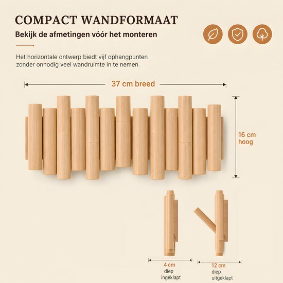 Wandkapstok - Kapstok - van massief Europees beukenhout - 5 inklapbare haken - Picket rail kapstok voor hal, slaapkamer en entree - 37 x 16 cm - Piano kapstok - Kapstok Muur - Naturel — afbeelding 5