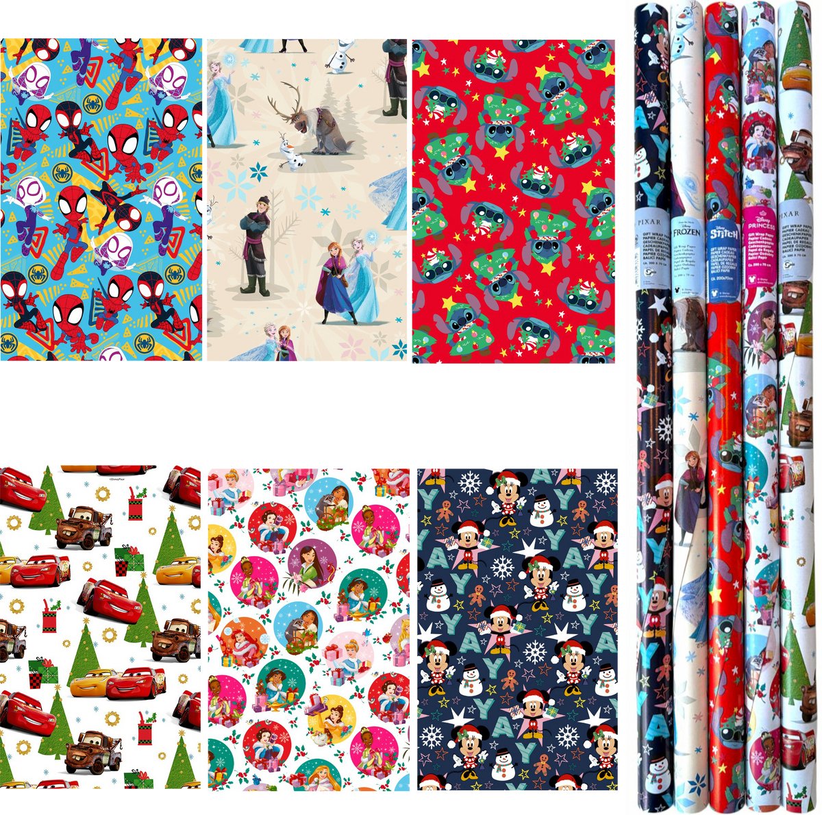 Disney & Marvel Kerst Cadeaupapier – 6 Rollen van 200 × 70 cm – Stitch, Mickey, Cars, Prinsessen, Frozen en Spider-Man – 12 Meter