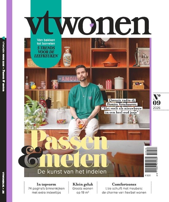 vtwonen magazine met Domien Verschuuren in een keuken, nummer 09, 2026. Thema: 'Passen & meten'.