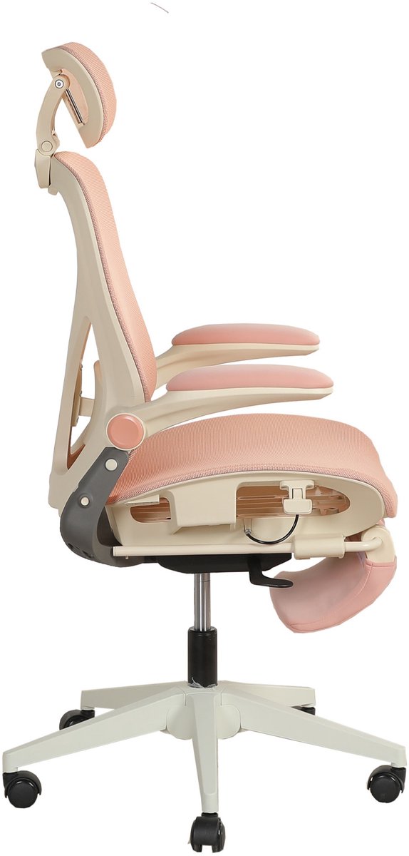 OKWISH Bureaustoel – Ergonomische Klapstoel met 3D Hoofdsteun & Lendensteun – Voor Werk, Studie en Gaming – Gaas – Roze