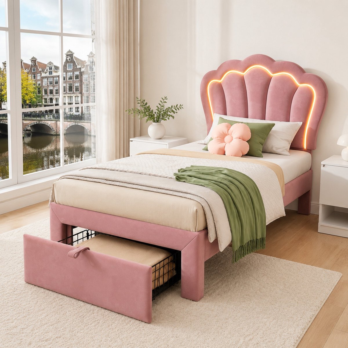 WUVRIE Kinderbed 90x200 cm met LED-verlichting, lade, lattenbodem en verstelbaar hoofdeinde, roze Rose
