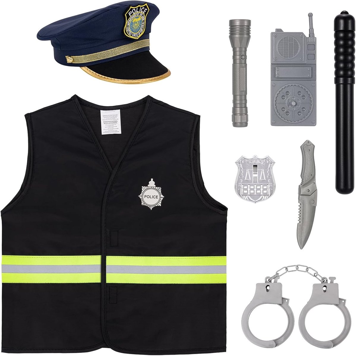 Politie Kostuum voor Kinderen met 8 Accessoires, Inclusief Vest, Hoed, Handboeien en Loopband voor Halloween, Carnaval en Rollenspel Activiteiten