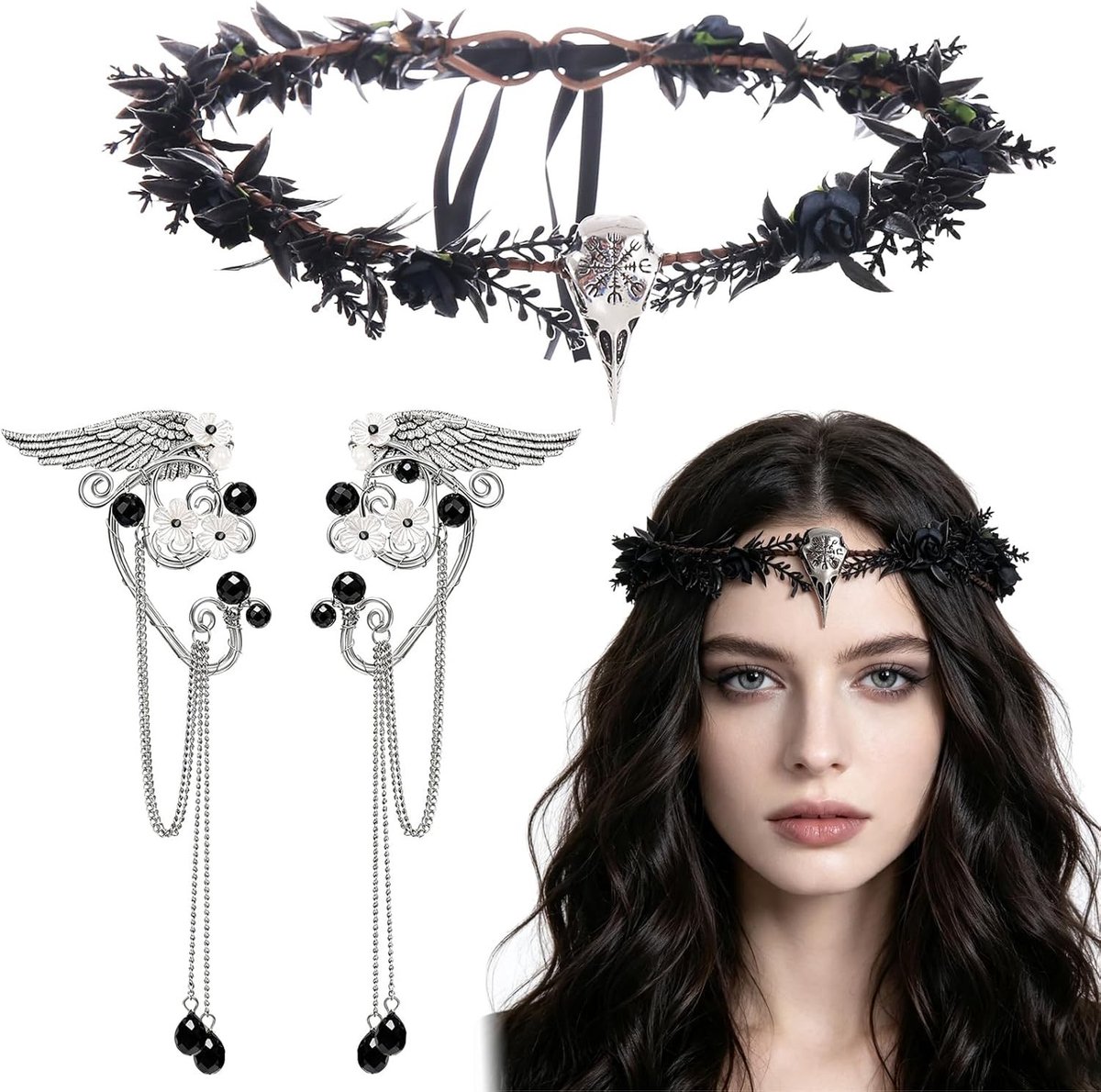 Dames Elfenkostuum met Hoofdband en Zwarte Bladeren, Perfect voor Carnaval en Feestjes