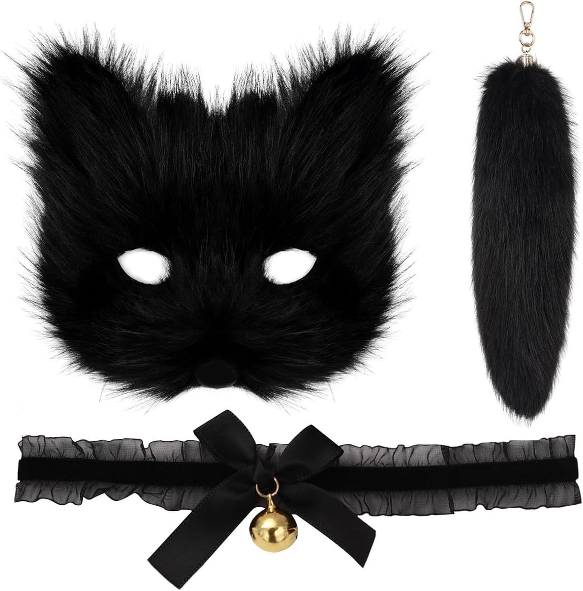 Set van Pluche Kattenmasker met Staart en Kraag - Foxtail Sleutelhanger en Kostuumaccessoires voor Feestjes en Verkleedpartijen