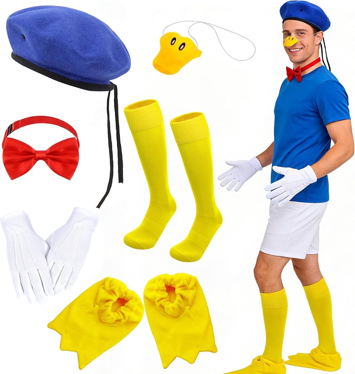 Volwassen Ente Kostuum met Slippers, Masker, Matrozenhoed, Rode Strik, Gele Voetbalsokken en Witte Handschoenen voor Cosplay en Halloween Feesten