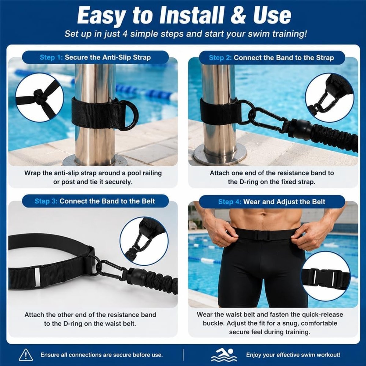 Elastische Zwemtrainer - Zwart - 50-100 cm - Verstelbare Zwemband met Opbergtas - Voor Volwassenen