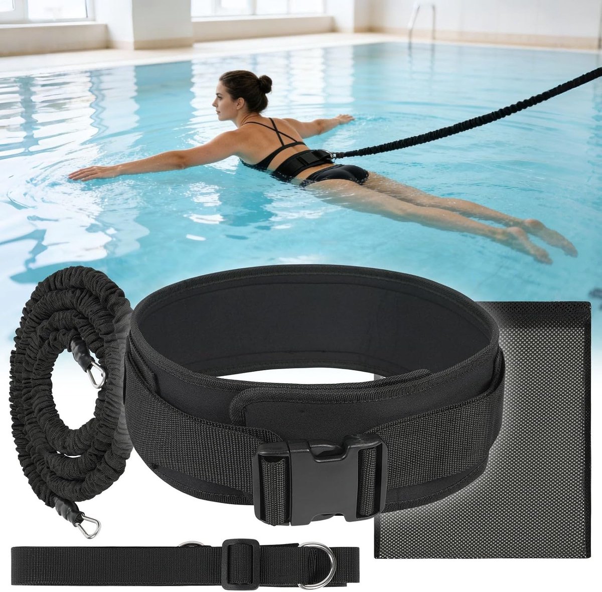 Zwemtrainingsriem - Zwart - 2,5-7,5 m - Met Verlengriem en Elastisch Koord - Voor Kinderen en Volwassenen