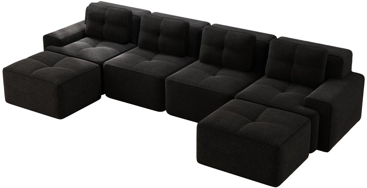 Merax U-Vormige Cloudbank 4-Zits - Zwarte Ribstof Bank 382 cm - Modulaire Loungebank met Dubbele Chaise Longue - Diepe Zitting - Geen Montage Nodig