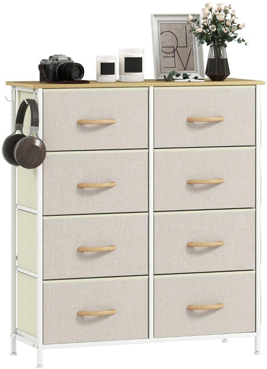 Merax Ladekast Met 8 Stoffen Lades – Opbergkast Met Stalen Frame - Zijvakken En Haken – Beige – 86x30x94,5 cm