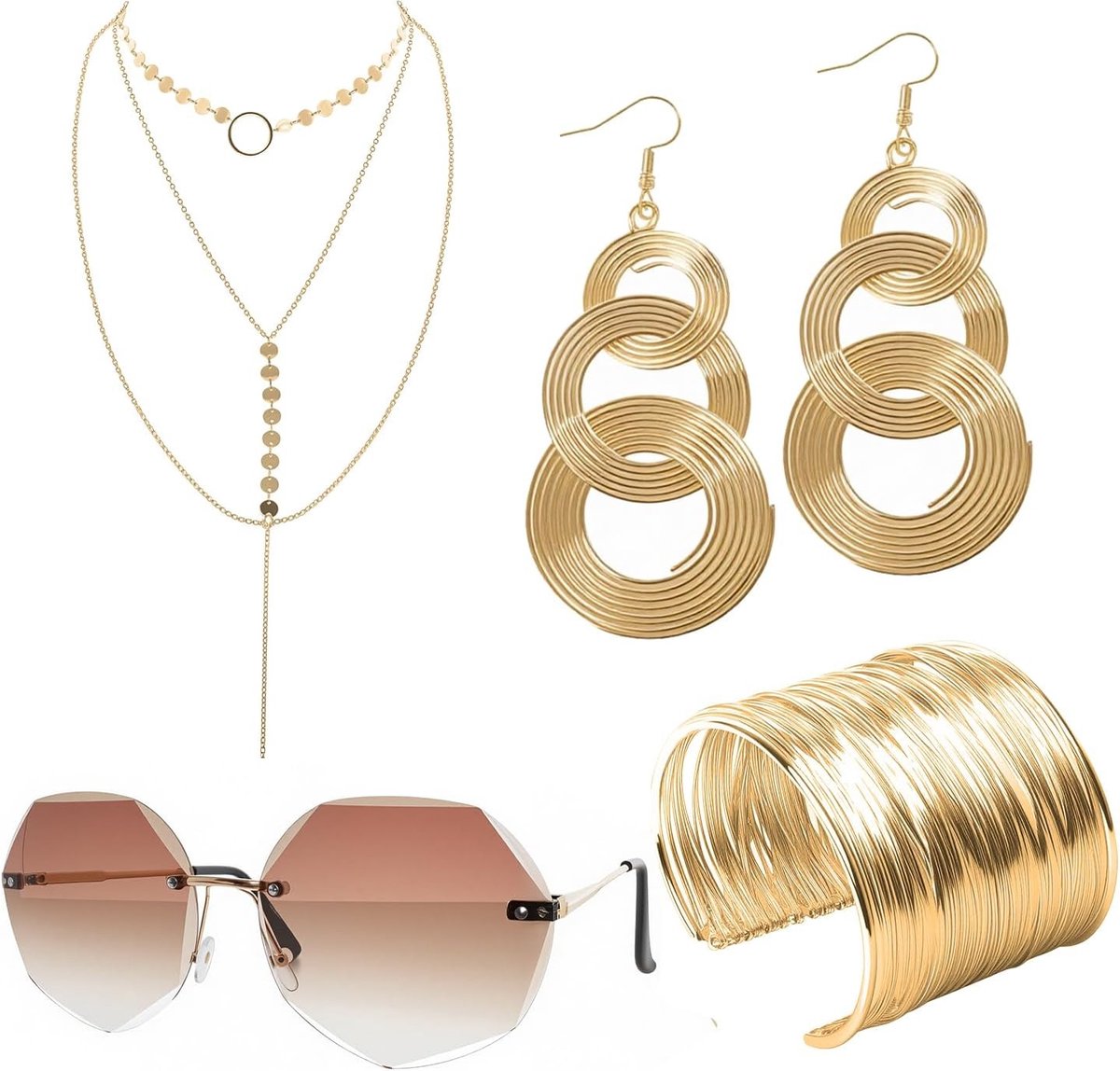 Complete Disco Kostuumaccessoires Set - 4-delige Retro Party Essentials met Oorbellen, Zonnebril, Armband en Ketting voor Carnavals- en Verkleedfeesten