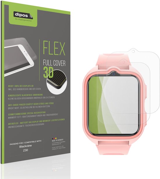 Twee matte displaybeschermers voor de Z30 smartwatch. De verpakking is bedrukt met 'dipos FLEX FULL COVER 3D'.