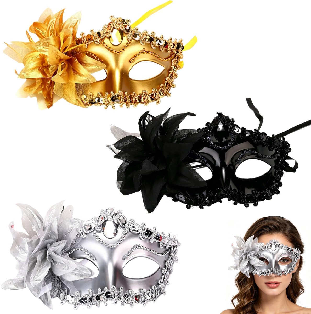 Maskerset voor koppels – 3 elegante Venetiaanse maskers in zwart, goud en zilver - ShopVlot