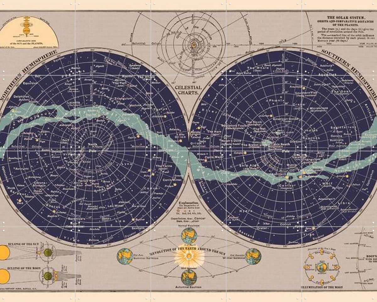 IXXI Celestial Chart, Aster Edition - 100 x 80 cm - Gratis ophangtool - Grote wanddecoratie en posters - Klassiek, Illustraties, Technische Tekening