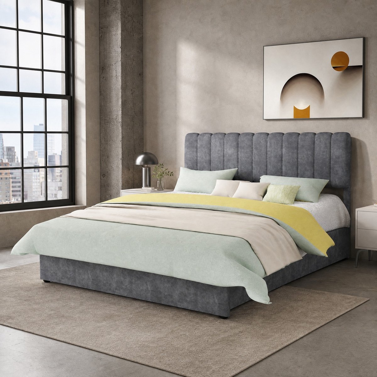 COVREO Gestoffeerd bed met opbergruimte – 160x200 cm – Bedframe voor volwassenen – Met lattenbodem – Grijs - zonder matras